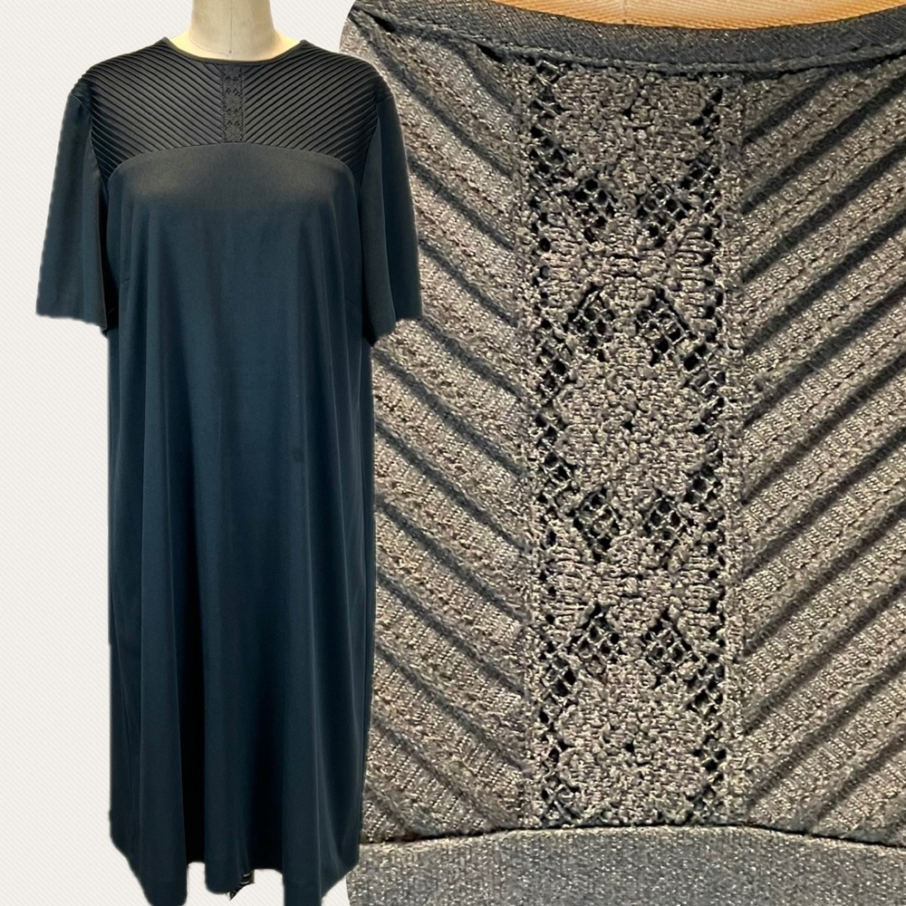VINTAGE 70s black‎ midi dress short sleeve Pintuck lace polyester